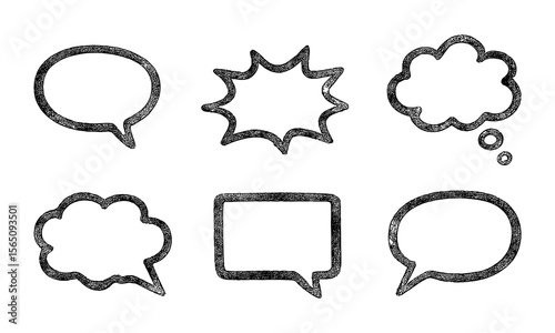 Grungy speech bubble icons with hand-drawn style for dynamic and expressive layouts. Use for comics, posters, informal presentations, or youth branding