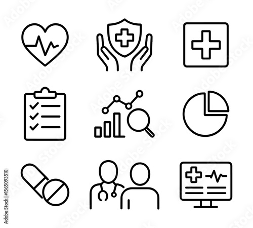 Minimalist medical icons featuring heart monitor, clipboard, doctor figure, charts and pill symbols. Great for hospital UI, digital health platforms, diagnostics and telemedicine services