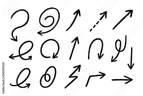 Set of hand-drawn arrows in a crayon texture, showcasing various directions and movements. Ideal for creative presentations, social media, and explainer videos