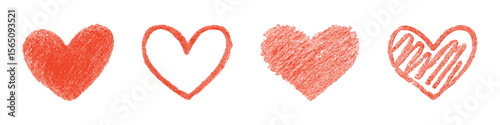 Textured red hearts in various sketched styles. Ideal for romantic designs, greeting cards, stickers, emotional branding, or wellness content