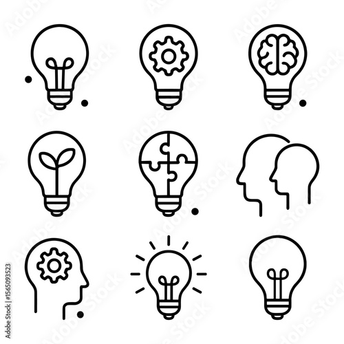 Black outline icons of bulbs and heads with gears and puzzle elements, expressing abstract thinking and smart ideas. Great for tech blogs, innovation agencies, or educational infographics