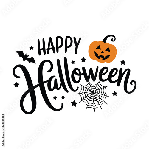 Happy Halloween Text with Pumpkin Bat and Spiderweb