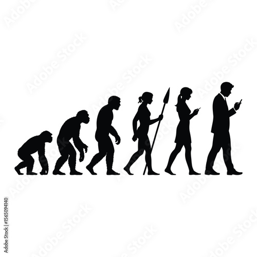 Human Evolution Silhouettes Progressing to Smartphone Use