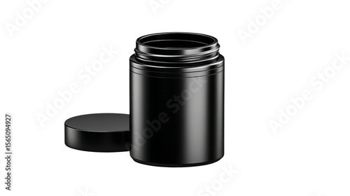 Open black plastic supplement bottle with a cap aside isolated on a transparent background.
