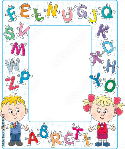 Frame with happy little schoolboy and schoolgirl first graders and funny cartoony letters from ABC book with alphabet for elementary school, vector illustration on a white background