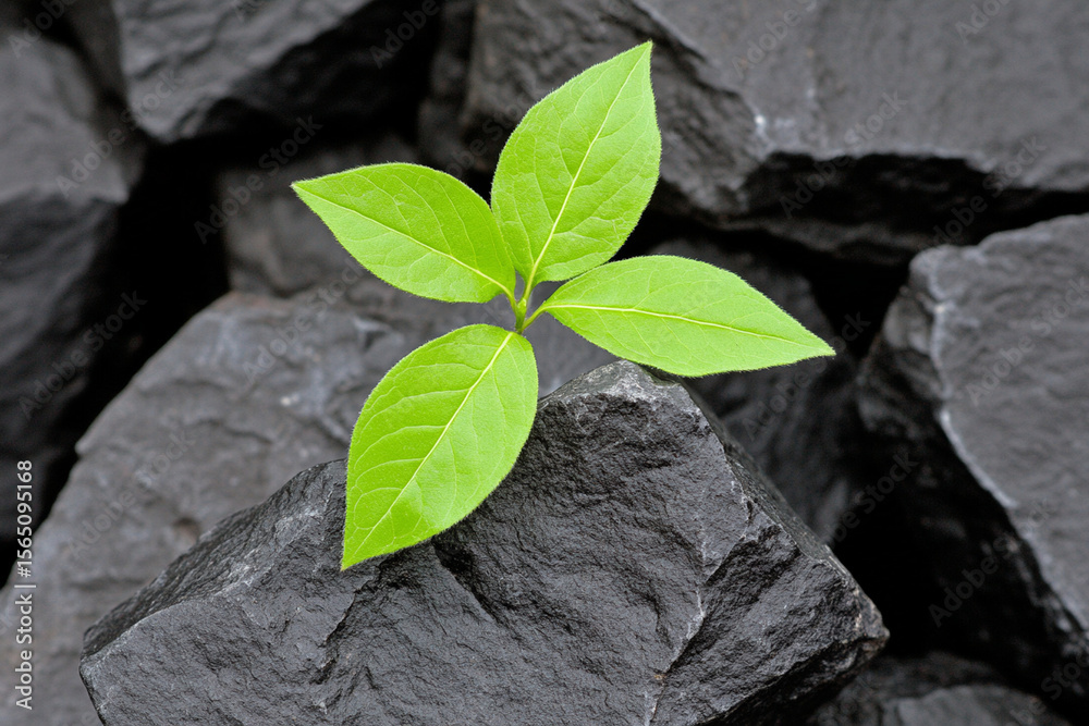 Naklejka premium Tiny sprout emerges resiliently between large dark rocks in chaos