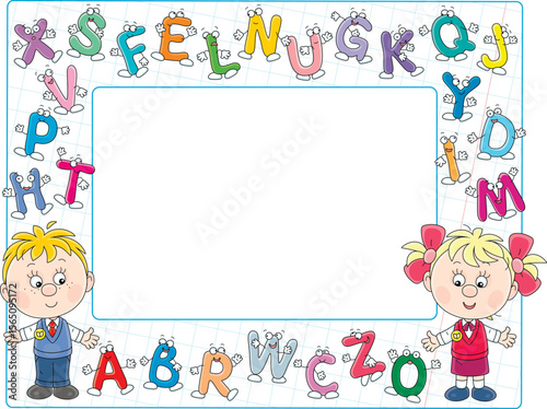 Frame with happy little schoolboy and schoolgirl first graders and funny cartoony letters from ABC book with alphabet for elementary school, vector illustration on a white background