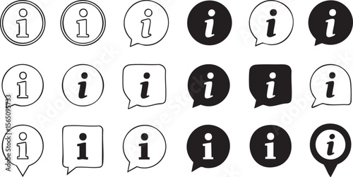 Information Icon Set Featuring 20 Variations of “i” Symbols in Circles, Squares, and Speech Bubbles for UI and Help Design