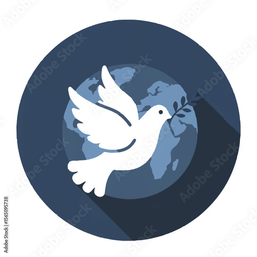 Peace Dove with Olive Branch Flying Over World Globe Flat Icon