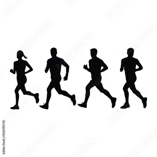 Silhouettes of Runners in Motion on White Background