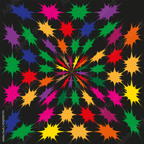 Bright leaf star. Rainbow spike Vector. Radial flare art. Black backdrop graphic.