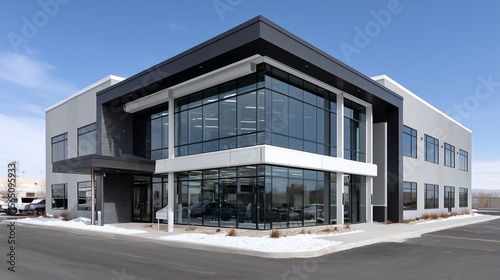 Modern data center office building features a striking glass facade and design