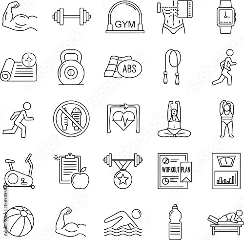 Gym and Fitness Activity Line Icon Set.
