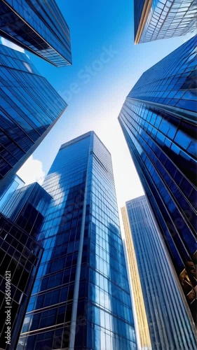 Wallpaper Mural Dramatic low angle view showcasing the towering architecture and glass facades of modern city buildings with a bright blue sky background. Torontodigital.ca