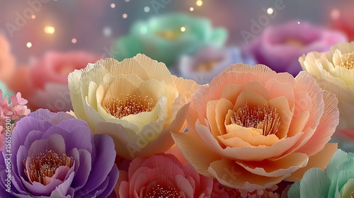 Ethereal floral watercolor bouquet: Layered blooms in mauve-coral-peach glow with prismatic bokeh, blending dreamy soft focus for healing wall art or poetic surface pattern design.