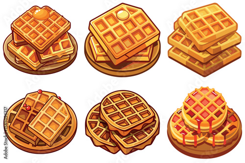 An array of beautifully drawn waffles with a variety of toppings vector illustrations
