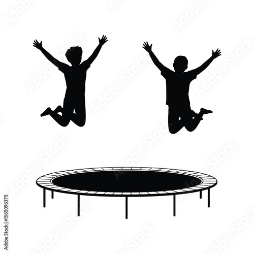 Two Jumping Silhouettes on a Trampoline black white