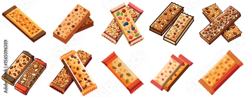 Assorted granola and cereal bar selection in different flavors and compositions vector illustrations