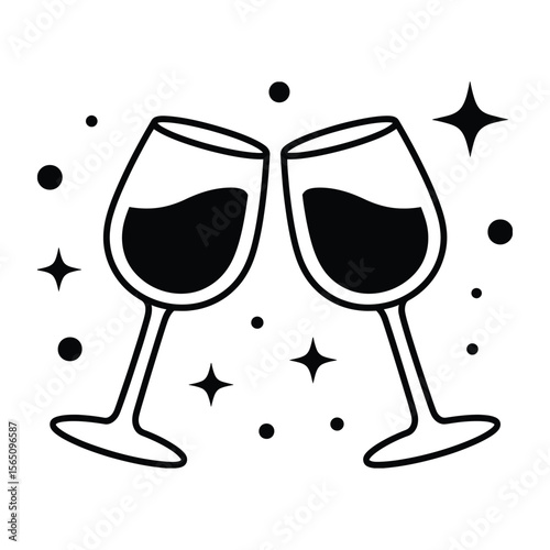 Two Wine Glasses Clinking with Sparkling Stars and Dots