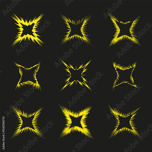 Yellow spark icons. Luminous star set. Glowing flare Vector. Black backdrop grid.