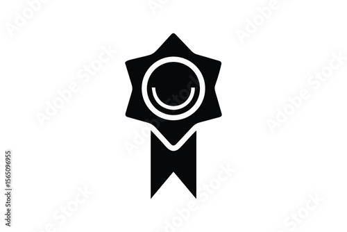 A simple black and white graphic icon of a star shaped award with a happy face inside and a ribbon below