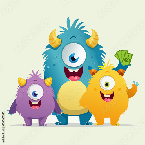 Friendly monster characters teaching about money