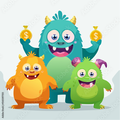 Friendly monster characters teaching about money