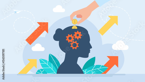 Female head thinking about saving. Inside the Head of Woman. Piggy bank with falling gold dollar coins. The concept of saving or save money or open a bank deposit. Vector illustration