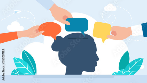 Thoughts enter the brain. Propaganda. Thinking and opinion of internal voice. Seeking answer. Flat cartoon style. The influence of others on a person's thinking. Vector illustration