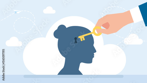 Unlock idea and explore potential, development of thinking. Man holding a key unlocking businesswoman mind, unlock and Read minds. Woman inserting key to keyhole of thought bubble. Vector illustration