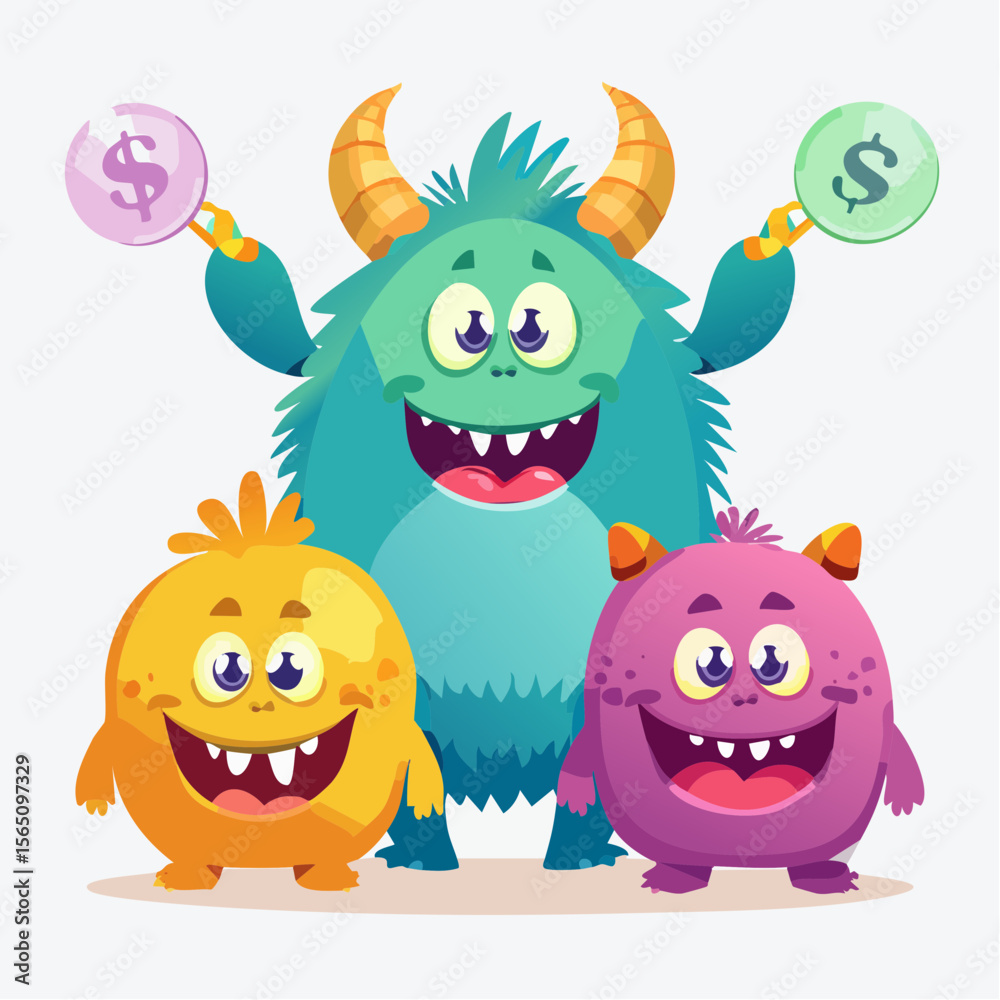 Obraz premium Friendly monster characters teaching about money