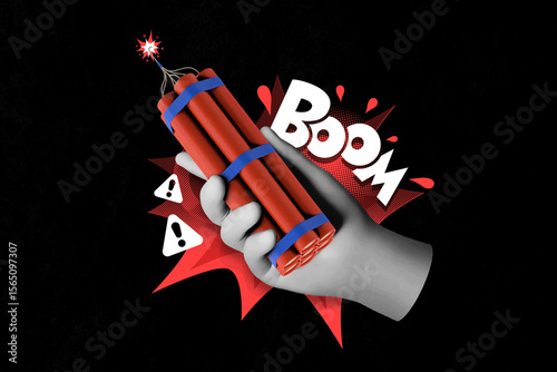 Explosive Impact Illustration - 3D Hand Holding Dynamite with Boom Text