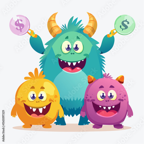 Friendly monster characters teaching about money