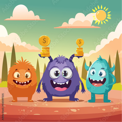 Friendly monster characters teaching about money