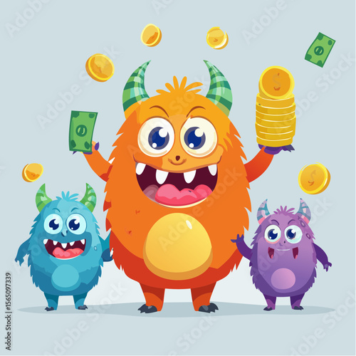 Friendly monster characters teaching about money