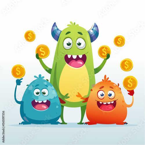 Friendly monster characters teaching about money