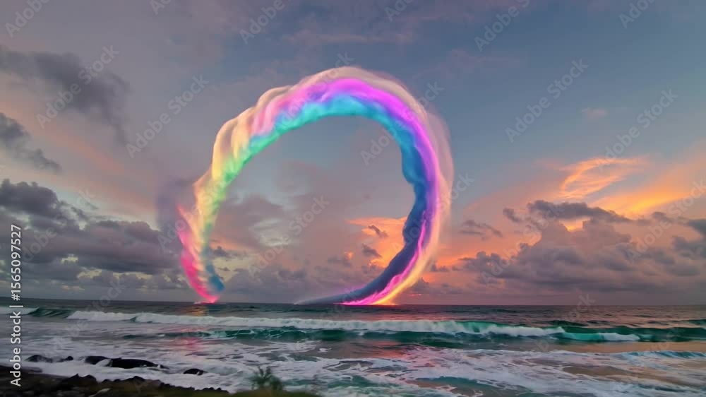 Colorful rainbow arch over ocean at sunset with dramatic clouds  