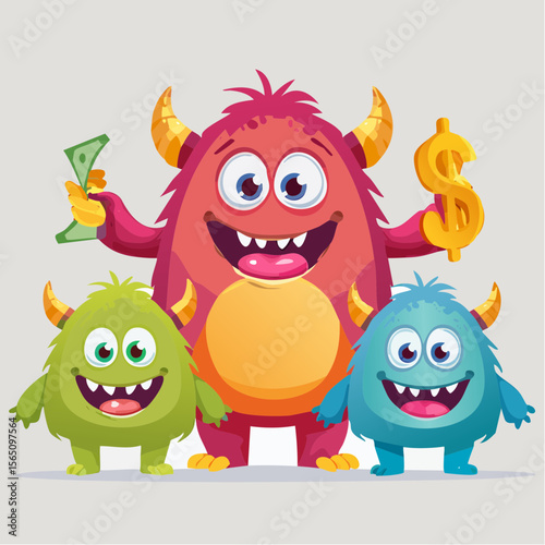 Friendly monster characters teaching about money