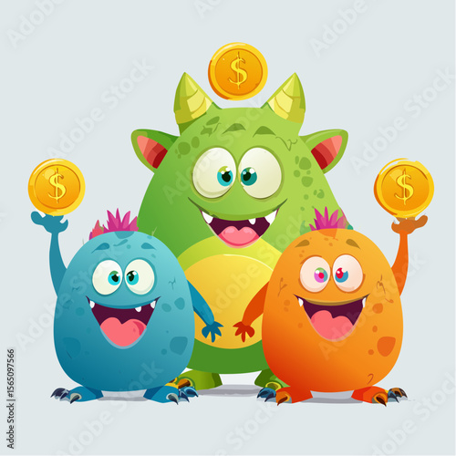 Friendly monster characters teaching about money