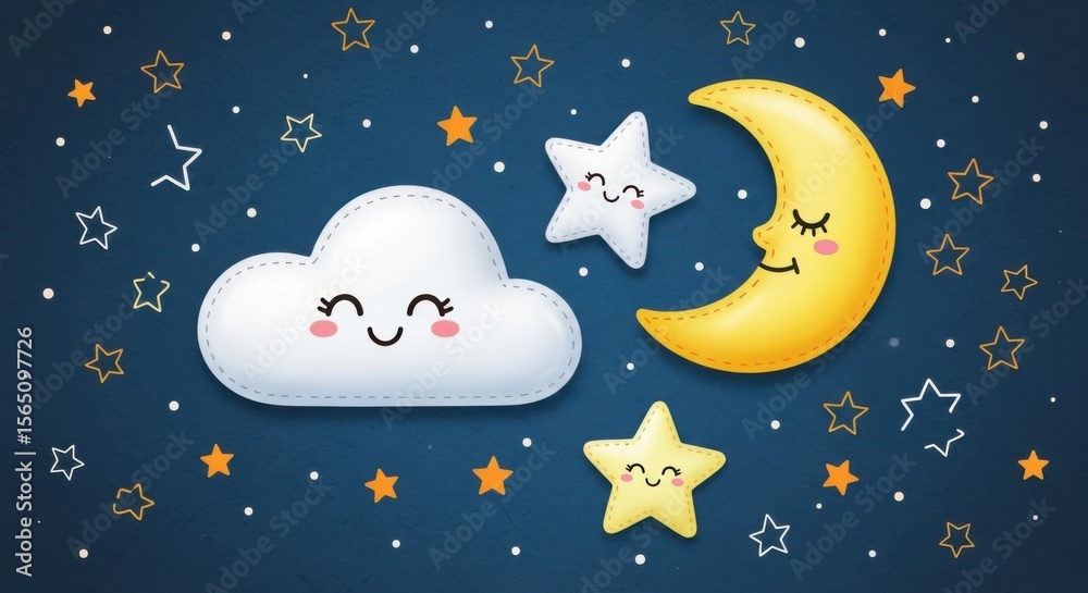 custom made wallpaper toronto digitalCartoon illustration with moon stars and cloud against a dark blue backdrop