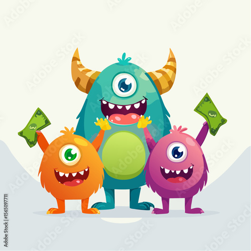 Friendly monster characters teaching about money