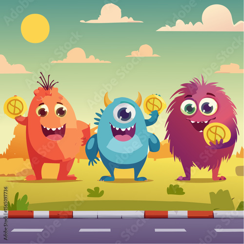 Friendly monster characters teaching about money