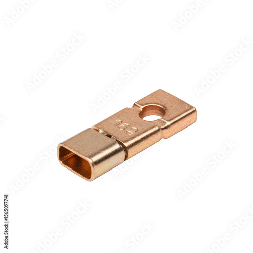 New unused tinned copper spade terminal lug with metallic sheen, showing crimp barrel and fork spade in a 3/4 view, isolated on a transparent background with no shadows, commercial product photo