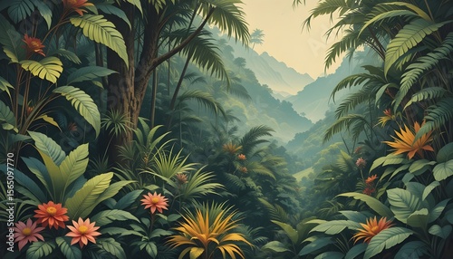 Vintage Tropical Botanical Illustration of a Lush Jungle Paradise Exotic Nature Artwork Design