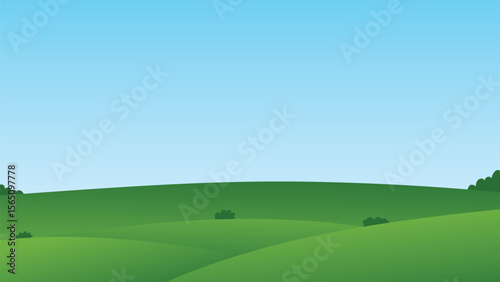 Green rolling hills landscape with bushes under clear blue sky, simple cartoon background