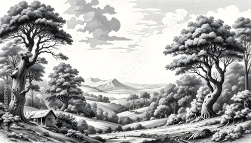 Vintage Drawing of Ancient European Forest Landscape Black and White Design for Wallpaper