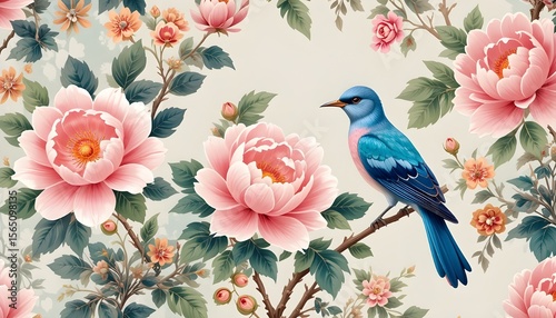 Bird and Peony Chinoiserie Seamless Pattern Elegant Floral Vintage Design