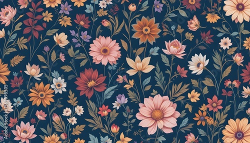 Seamless Folk Floral Wallpaper with Intricate Wildflowers and Leaves in Rich Bold Colors on Deep Indigo Background