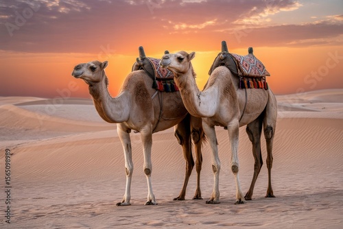 A photograph of two dromedary camels standing side by side in the vast, undulating Sahara Desert