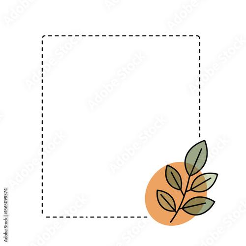Square dashed border with a branch bearing five green leaves over an orange circular background in the lower right corner on white background, suitable for eco-friendly or natural-themed designs with 